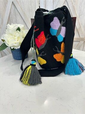 Wayuu Tribe Black Floral Bucket Crossbody with Multicolor Tassels